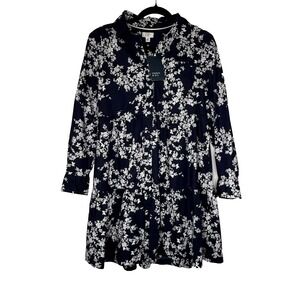 NWT Crown & Ivy XS Navy White Floral Button‎ Front Shirt Dress Tunic Cotton